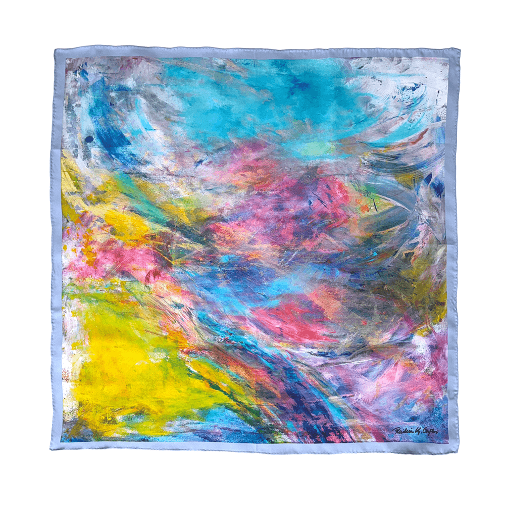 Elegant og fresh silkeskjerf med nydelig print av et maleri av kunstneren Reidun Gytri